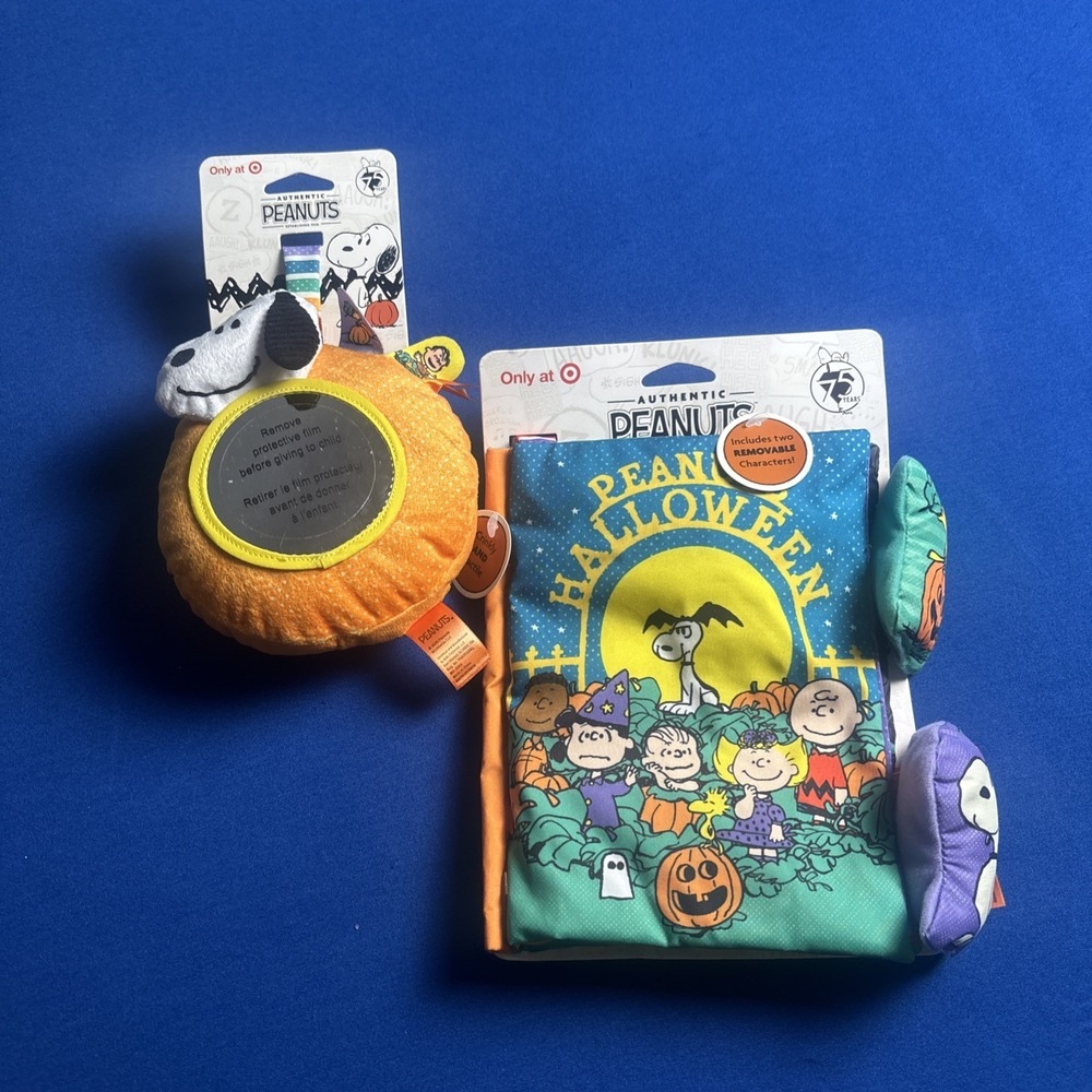 Peanuts Baby Deluxe Soft Snoopy Book & Toy Plush Rattle New Lot Of 2 Halloween